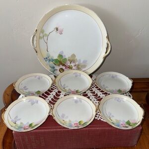 Antique Painted Nippon Floral Porcelain Serving Plate Butter Pat Berry Bowl Set
